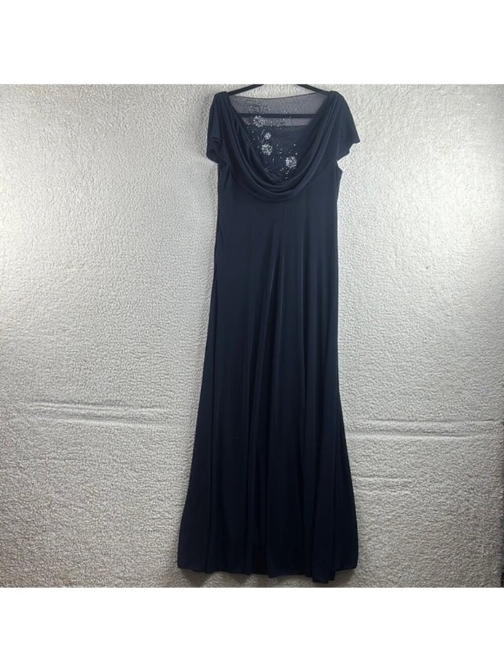 NWOT Patra Womens Navy Cowl Neck Draped Beaded Sequin Stretch Gown Size 14